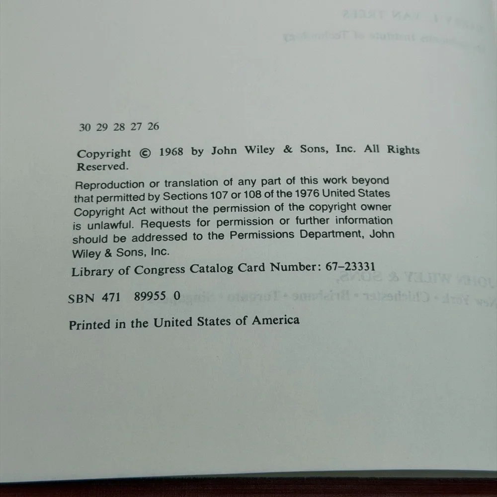 Detection Estimation and Modulation Theory Part I by Harry L. Van Trees HC 1968